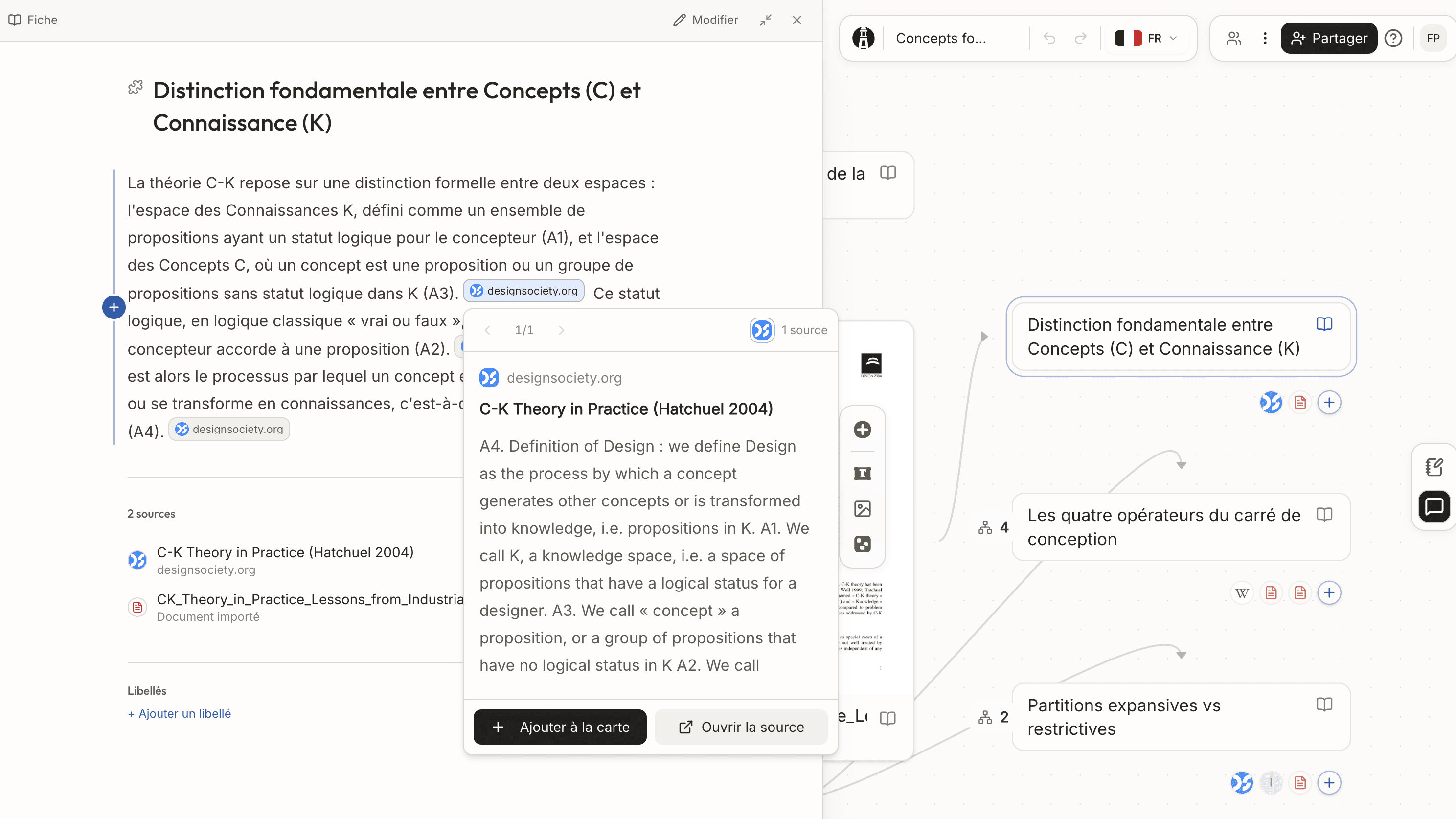 Le lecteur, un extrait et les actions sur la source à côté d’une carte sur la théorie C-K